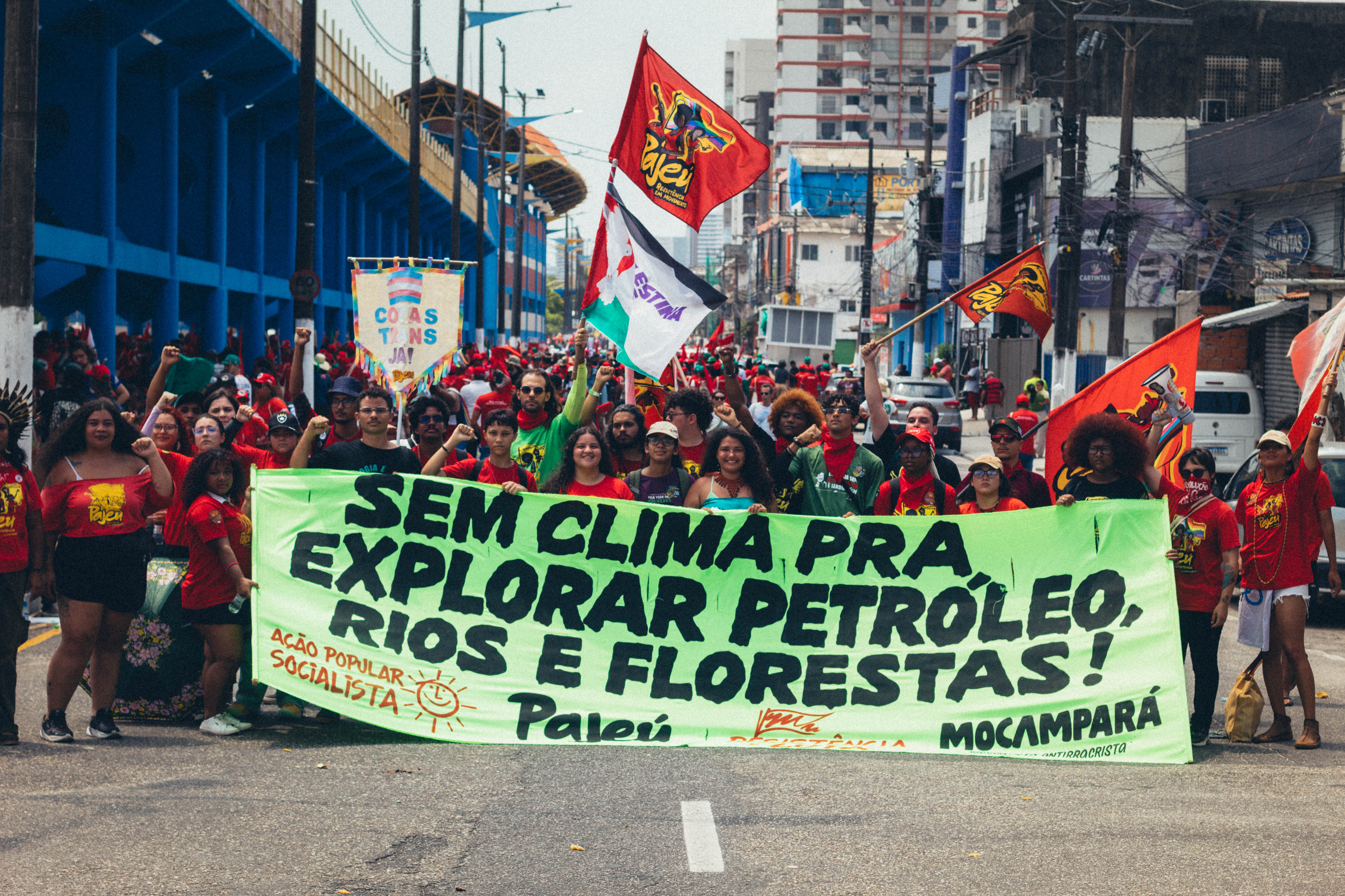 Imagem com diversas pessoas balançando bandeiras do coletivo pajeú na marcha pelo clima em 2025